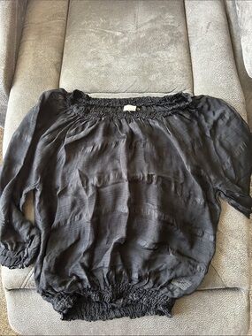 ecru Black Off-Shoulder Smocked-Hem Peasant Blouse